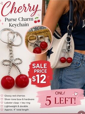 🍒 Cute Red Cherry Purse Charm Keychain |Silver Bow Bag Charm |Y2K Coquette Style